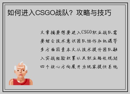 如何进入CSGO战队？攻略与技巧