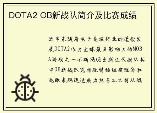 DOTA2 OB新战队简介及比赛成绩