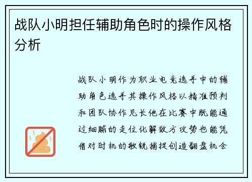 战队小明担任辅助角色时的操作风格分析