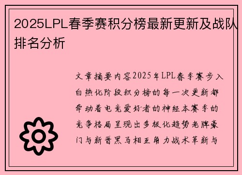 2025LPL春季赛积分榜最新更新及战队排名分析